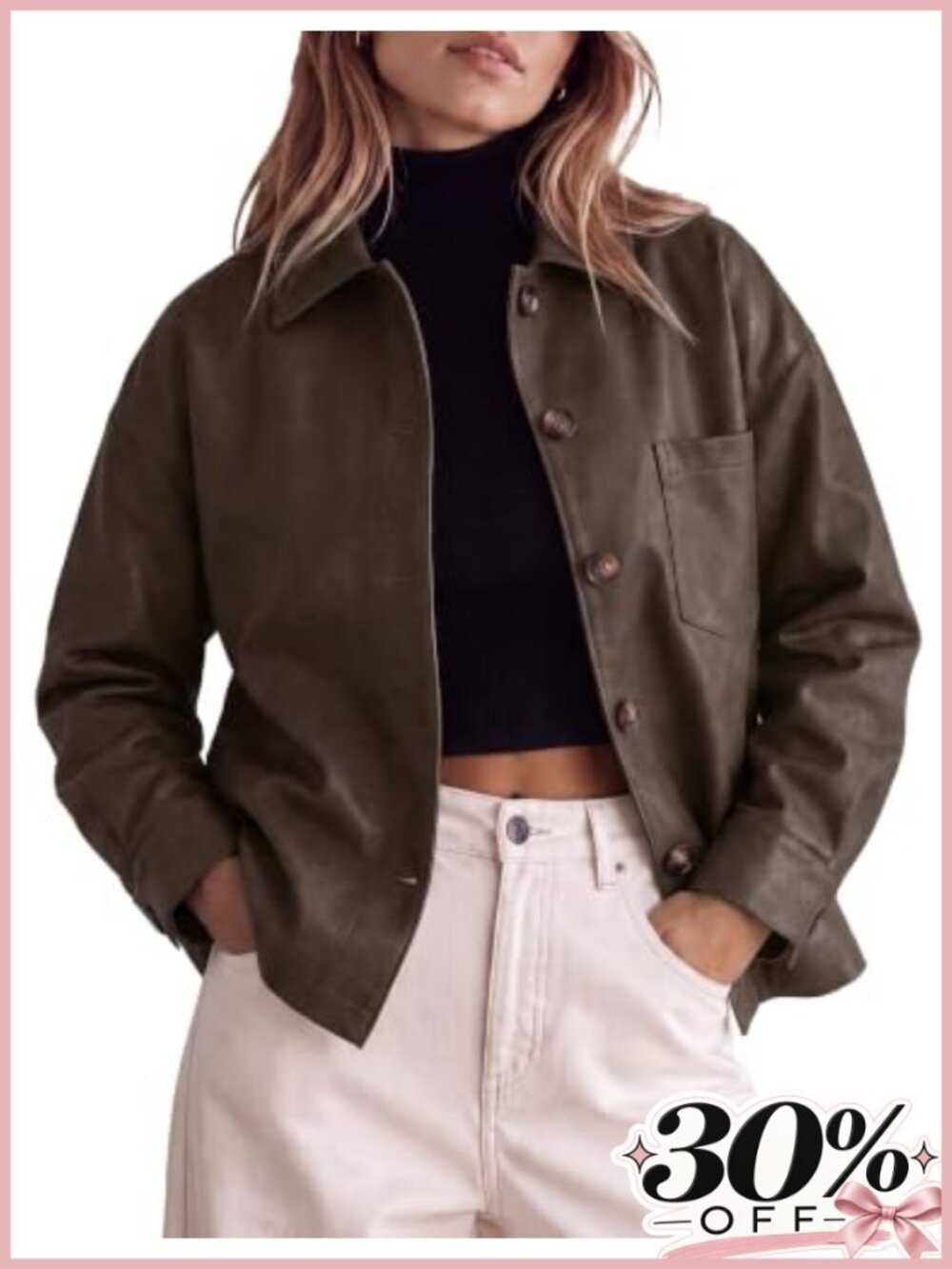 Womens Faux Leather Button Down Motorcycle Jacket Oversized